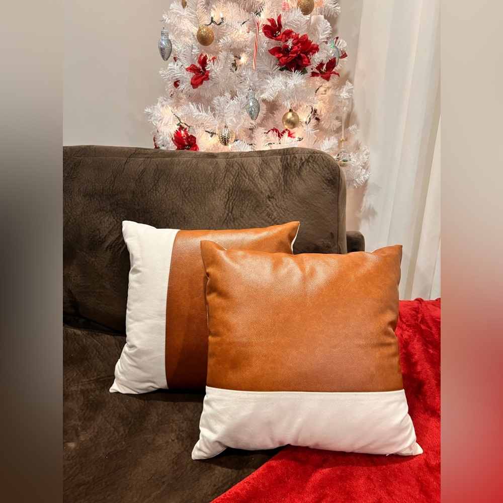 Cognac Pillows w/ Pillow Covers.